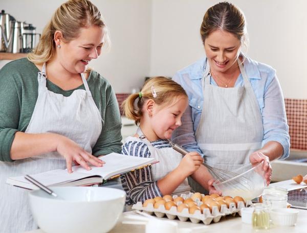 women and child baking